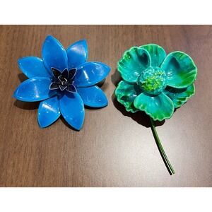 Vintage Colorful Enameled Large Flower Brooches Pins Blue & Green 3" & 3.5"